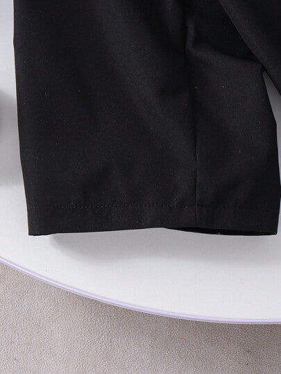 SHEIN Genkimix Kids بنطلون رياضي كاجوال مريح بفيونكة ربطة أسود ثابت، مناسب للصيف والخريف والشتاء