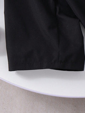 SHEIN Genkimix Kids بنطلون رياضي كاجوال مريح بفيونكة ربطة أسود ثابت، مناسب للصيف والخريف والشتاء