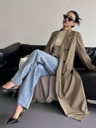 DAZY معطف نسائي فضفاض طويل ذو صدر مزدوج وجيوب وأكمام طويلة، ملابس كاجوال للشارع في الربيع والخريف، جاكيت رياح للاستخدام اليومي والأعمال
