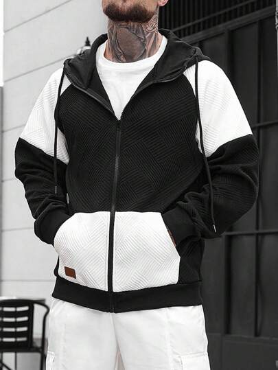 Manfinity CasualCool بلوزة رياضية كاجوال فضفاضة مع سحاب وقبعة ذات سير للرجال، بتصميم ألوان متباينة
