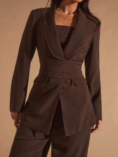 Glamine 3 قطع طقم بدلة نسائية بياقة شال بني، طقم بدلة نسائية كاجوال متعددة الاستخدامات، مناسب للمكتب والتنقل والخروج، طقم بدلة كاجوال فضفاضة للنساء في فصل الخريف، بدلة نسائية بني، طقم بدلة نسائية 3 قطع أنيق