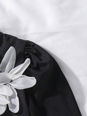 SHEIN Elladie kids فستان أنيق للفتيات الصغيرات مزين بزهرة بيضاء، قبة دائرية سوداء، أكمام طويلة، قاعدة منسدلة، مريح وأنيق، مناسب للخريف والشتاء