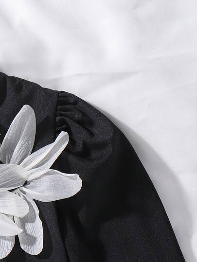 SHEIN Elladie kids فستان أنيق للفتيات الصغيرات مزين بزهرة بيضاء، قبة دائرية سوداء، أكمام طويلة، قاعدة منسدلة، مريح وأنيق، مناسب للخريف والشتاء