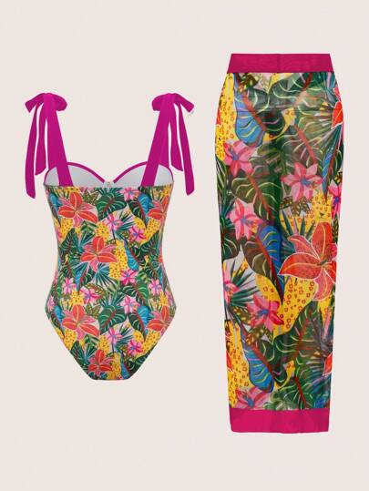 Swim SXY طقم بدلة سباحة قطعة واحدة مطبوعة بطباعة استوائية ، تنورة واقية من الشمس على الشاطئ