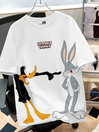 Looney Tunes X Manfinity Manfinity Joysei قميص تي شيرت قصير الأكمام كاجوال مطبوع برسوم كرتونية حيوانية للرجال، صيفي