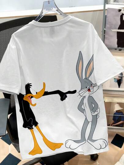 Looney Tunes X Manfinity Manfinity Joysei قميص تي شيرت قصير الأكمام كاجوال مطبوع برسوم كرتونية حيوانية للرجال، صيفي