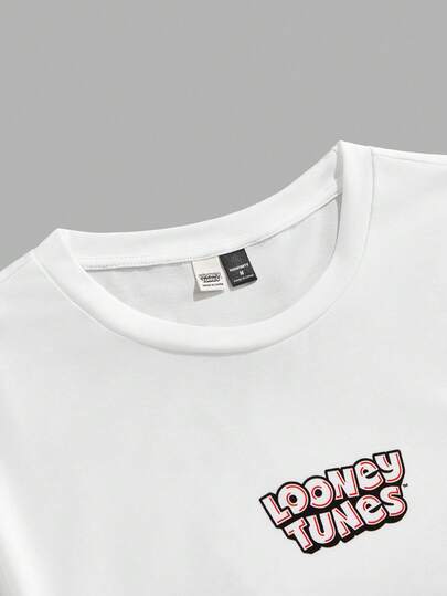 Looney Tunes X Manfinity Manfinity Joysei قميص تي شيرت قصير الأكمام كاجوال مطبوع برسوم كرتونية حيوانية للرجال، صيفي