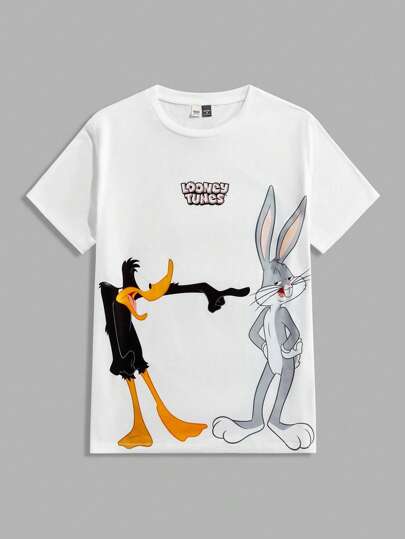 Looney Tunes X Manfinity Manfinity Joysei قميص تي شيرت قصير الأكمام كاجوال مطبوع برسوم كرتونية حيوانية للرجال، صيفي