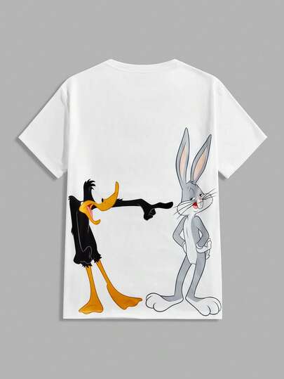 Looney Tunes X Manfinity Manfinity Joysei قميص تي شيرت قصير الأكمام كاجوال مطبوع برسوم كرتونية حيوانية للرجال، صيفي