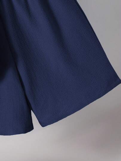 SHEIN مجموعة قميص كم قصير وشورت مريحة للمراهقين الذكور، نسيج مضلع، للارتداء في الربيع، قطعتان