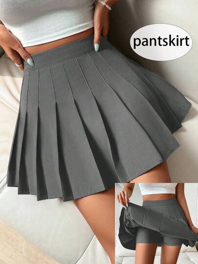 SHEIN PETITE تنورة/شورت مطوي بلون أحادي للنساء، أسلوب بريبي Y2K للارتداء اليومي، ربيع/صيف