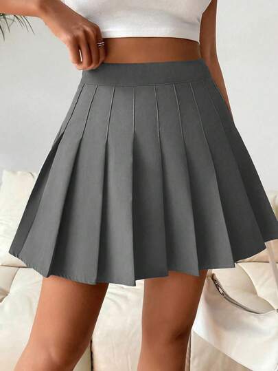 SHEIN PETITE تنورة/شورت مطوي بلون أحادي للنساء، أسلوب بريبي Y2K للارتداء اليومي، ربيع/صيف