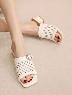 Rosivie صندل مزلق منسوج، صندل كاجوال فرنسي بدون ظهر وكعب سميك للنساء، تصميم جديد