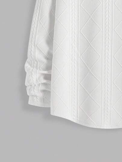 SHEIN ملابس علوية بياقة طاقم بأكمام طويلة مريح وفضفاض للمراهقين الذكور، مزين بتصميم نسيجي