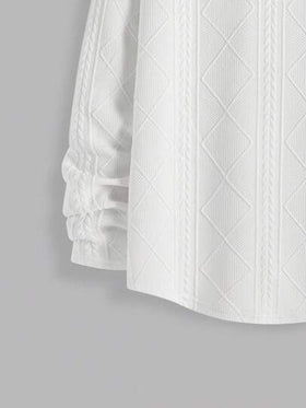 SHEIN ملابس علوية بياقة طاقم بأكمام طويلة مريح وفضفاض للمراهقين الذكور، مزين بتصميم نسيجي