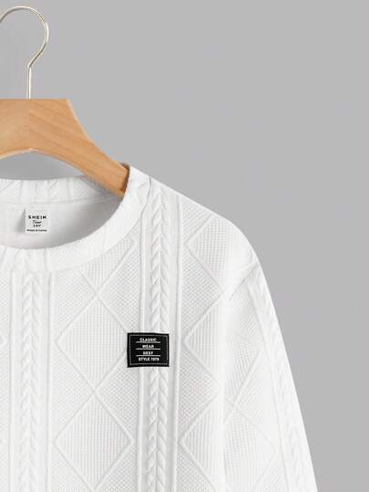 SHEIN ملابس علوية بياقة طاقم بأكمام طويلة مريح وفضفاض للمراهقين الذكور، مزين بتصميم نسيجي