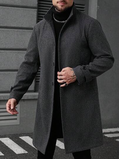 Manfinity CasualCool معطف طويل أنيق بأكمام طويلة وجيب واحد بلون أحادي للرجال