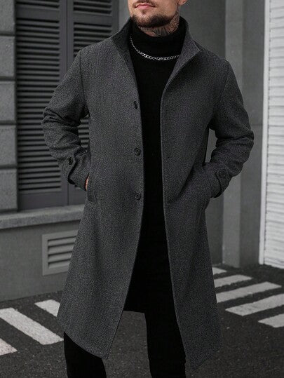 Manfinity CasualCool معطف طويل أنيق بأكمام طويلة وجيب واحد بلون أحادي للرجال