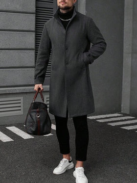 Manfinity CasualCool معطف طويل أنيق بأكمام طويلة وجيب واحد بلون أحادي للرجال