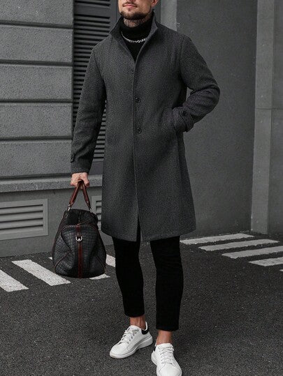 Manfinity CasualCool معطف طويل أنيق بأكمام طويلة وجيب واحد بلون أحادي للرجال