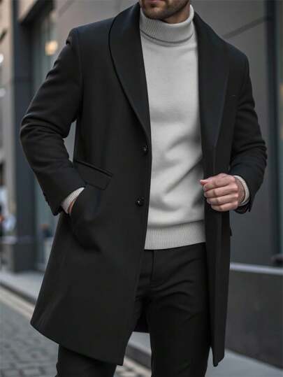 Manfinity CasualCool معطف طويل حتى الركبة بقصة عادية باللون الأسود الأنيق للرجال، معطف رجالي أسود أنيق لفصل الشتاء، إطلالة رسمية للرجال