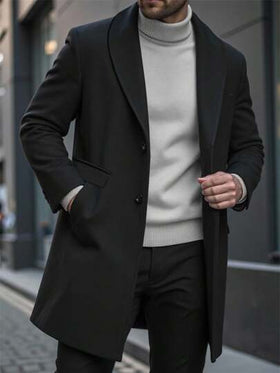 Manfinity Homme معطف طويل كلاسيكي بقصة عادية حتى الركبة باللون الأسود الأنيق للرجال، بأكمام طويلة وطراز رسمي أنيق، معطف أسود للرجال للاستخدام اليومي والأعمال في فصل الشتاء والخريف