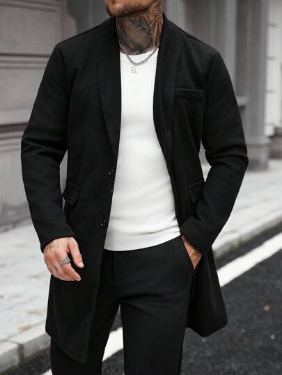 Manfinity Homme معطف طويل كلاسيكي بقصة عادية حتى الركبة باللون الأسود الأنيق للرجال، بأكمام طويلة وطراز رسمي أنيق، معطف أسود للرجال للاستخدام اليومي والأعمال في فصل الشتاء والخريف