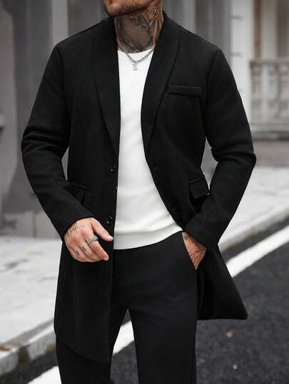 Manfinity Homme معطف طويل كلاسيكي بقصة عادية حتى الركبة باللون الأسود الأنيق للرجال، بأكمام طويلة وطراز رسمي أنيق، معطف أسود للرجال للاستخدام اليومي والأعمال في فصل الشتاء والخريف