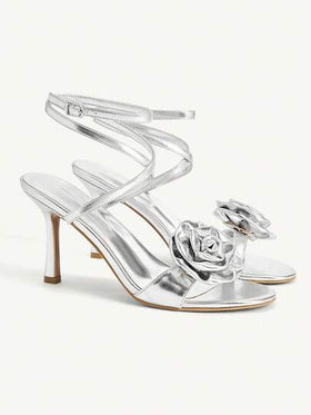 CUCCOO CHICEST صندل بحزام كاحل مزين بوردة معدنية فضية، أنيق وعصري للمناسبات الرسمية، ذو كعب عالي وأصبع مستدير