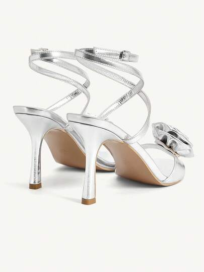 CUCCOO CHICEST صندل بحزام كاحل مزين بوردة معدنية فضية، أنيق وعصري للمناسبات الرسمية، ذو كعب عالي وأصبع مستدير