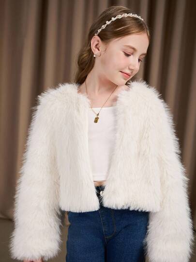 SHEIN معطف فرو اصطناعي كاجوال للبنات، طراز جميل وأنيق، أبيض ناعم ومريح، مناسب للربيع والصيف والخريف، مثالي للخارج والتسوق والحفلات