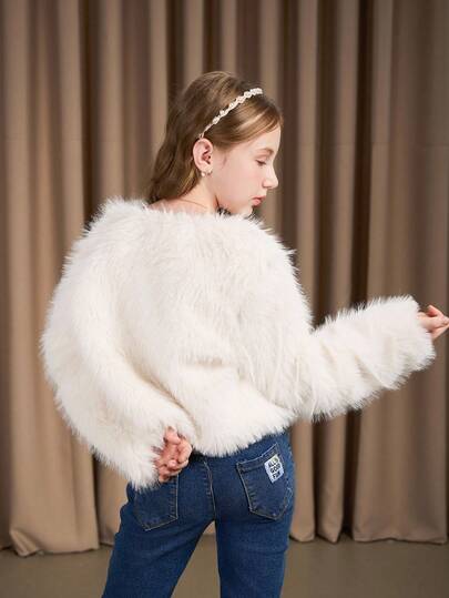 SHEIN معطف فرو اصطناعي كاجوال للبنات، طراز جميل وأنيق، أبيض ناعم ومريح، مناسب للربيع والصيف والخريف، مثالي للخارج والتسوق والحفلات