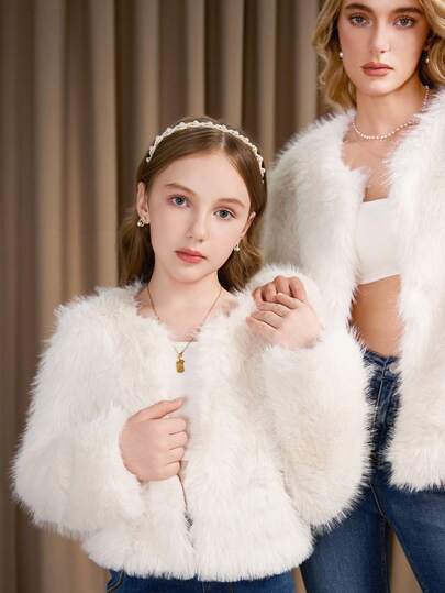 SHEIN معطف فرو اصطناعي كاجوال للبنات، طراز جميل وأنيق، أبيض ناعم ومريح، مناسب للربيع والصيف والخريف، مثالي للخارج والتسوق والحفلات