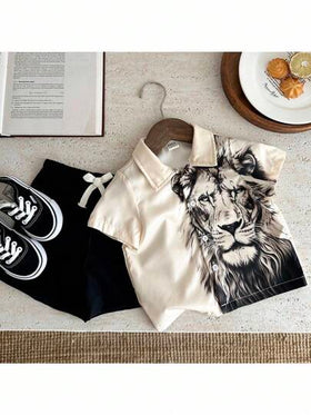 SHEIN مجموعتين من قميص وشورت مطبوع برسم الأسد لملابس الأطفال الصبية والبنات مريحة وأنيقة مناسبة للخريف والصيف