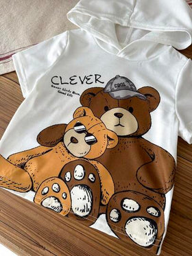 SHEIN سترة قصيرة الأكمام ذات غطاء رأس بطبعة دب كرتونية وشورت عارضي رمادي لطفل رضيع 2 قطعة/مجموعة