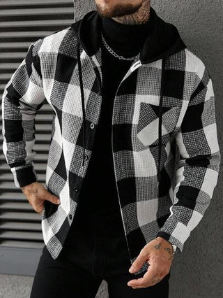 Manfinity Homme جاكيت قميص كاجوال للرجال بطبعة زهرية ولمسات متناسقة، مزودة بغطاء رأس وسحاب، لفصلي الربيع والخريف، بطراز \عتيق المال\""