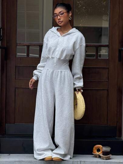 SHEIN EZwear جمبسوت نسائية كاجوال رمادية الكتف منسدلة بأكمام طويلة وسحاب أمامي مع قبعة