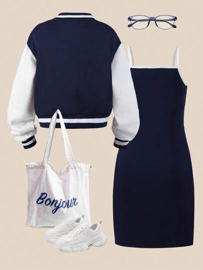 SHEIN Explorewe مجموعة من 2 قطعة لفتيات المراهقات، جاكيت بيسبول كاجوال وفستان كامي، طراز كاجوال للمدرسة، ملابس مدرسية ورياضية للموسم 2025