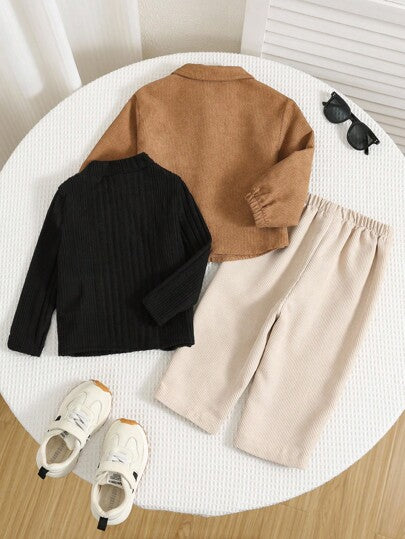 SHEIN 3 قطع طقم ملابس للأطفال الصبيان في فصل الخريف/الشتاء، ملابس علوية من الكوردوروي الجميل والمتعدد الاستخدامات، وبلوزة محبوكة طويلة وبنطلون، مناسب لحفلات عيد الميلاد والسهرات والمناسبات والأعراس وحفلات استقبال المواليد والمعمودية وعيد الميلاد الأول، طق