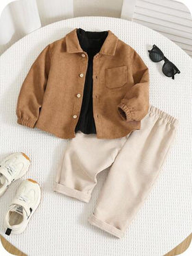 SHEIN 3 قطع طقم ملابس للأطفال الصبيان في فصل الخريف/الشتاء، ملابس علوية من الكوردوروي الجميل والمتعدد الاستخدامات، وبلوزة محبوكة طويلة وبنطلون، مناسب لحفلات عيد الميلاد والسهرات والمناسبات والأعراس وحفلات استقبال المواليد والمعمودية وعيد الميلاد الأول، طق
