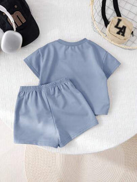 SHEIN 3 قطع/مجموعة بيبي بو صيفي كاجوال طباعة حرفية قصيرة الأكمام تي شيرت، شورت خصر مطاطي، حقيبة كروس بودي مجانية
