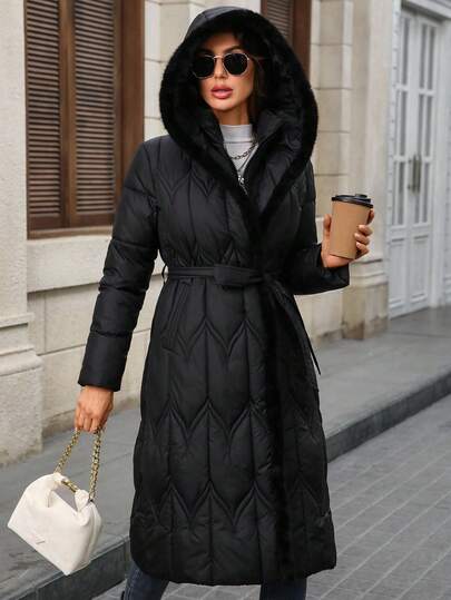 EMERY ROSE معطف شتوي طويل للنساء مع غطاء رأس من الفرو الاصطناعي وياقة سحاب، معطف شتوي طويل للنساء مع تصميم مبطن للطقس البارد، معطف بوفر أسود أنيق للنساء مع غطاء رأس مزين بالفرو، معطف شتوي أنيق للنساء مع تصميم سحاب كامل الطول