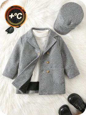 SHEIN اشتر واحد واحصل على واحد مجانًا طفل/طفل ذكر/أنثى 2 قطعة/مجموعة معطف صوفي رمادي سميك مبطن مع قبعة، معطف شتوي، معطف مبطن، طراز بسيط مناسب للجميع، مناسب للارتداء الداخلي والخارجي والتزلج والاستخدام اليومي والرياضة واللعب والحفلات وتصوير الصور والأعياد
