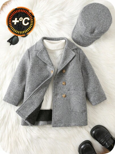 SHEIN اشتر واحد واحصل على واحد مجانًا طفل/طفل ذكر/أنثى 2 قطعة/مجموعة معطف صوفي رمادي سميك مبطن مع قبعة، معطف شتوي، معطف مبطن، طراز بسيط مناسب للجميع، مناسب للارتداء الداخلي والخارجي والتزلج والاستخدام اليومي والرياضة واللعب والحفلات وتصوير الصور والأعياد