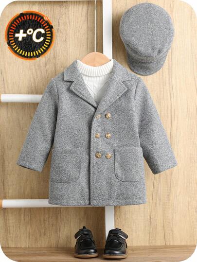 SHEIN اشتر واحد واحصل على واحد مجانًا طفل/طفل ذكر/أنثى 2 قطعة/مجموعة معطف صوفي رمادي سميك مبطن مع قبعة، معطف شتوي، معطف مبطن، طراز بسيط مناسب للجميع، مناسب للارتداء الداخلي والخارجي والتزلج والاستخدام اليومي والرياضة واللعب والحفلات وتصوير الصور والأعياد