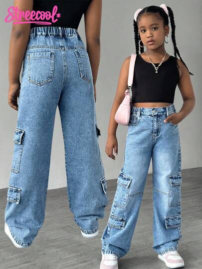 SHEIN Explorewe بنطلون جينز قصير مباشر مغسول للفتيات المراهقات الأنيقات والكاجوال