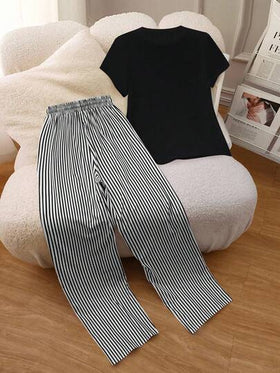 INAWLY طقم بلوزة نسائية مع سحاب وشورت مخطط، طقم قطعتين بشعار حصان أسود وأبيض