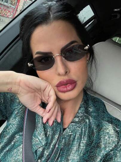نظارة شمسية إطار معدني بدون إطار بشكل بيضاوي للنساء باللون الرمادي الداكن، مناسبة للارتداء اليومي والإطلالات الأنيقة في الصيف والشاطئ والسفر والأنشطة الخارجية