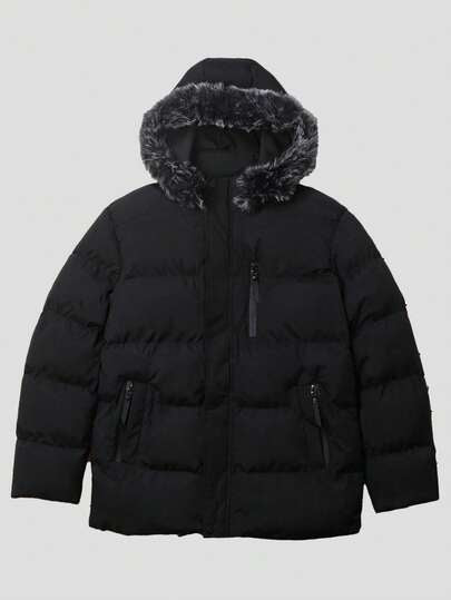 معطف قطني مبطن دافئ بغطاء رأس ذو لون أحادي للرجال، عصري وشامل للرياضة والتنقل والارتداء اليومي، شتاء