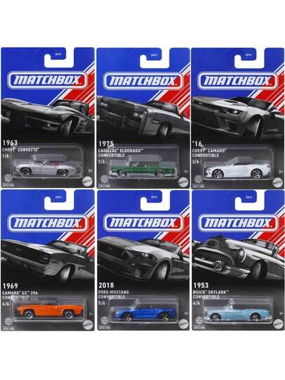 Mattel مجموعة طقم سيارات عضلات أمريكية كلاسيكية من ماتشبوكس 6 قطع، مجموعة طرز مصغرة 1:64 قابلة للجمع - طرز من 1953-2018 (بويك سكايلارك، كاديلاك إلدورادو، فورد موستانج، شيفروليه كامارو إس إس/كورفيت)، مع تعبئة عرض معلقة